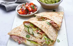 Ham and Cheese Quesadillas with Tomato Salsa and Avocado Mash