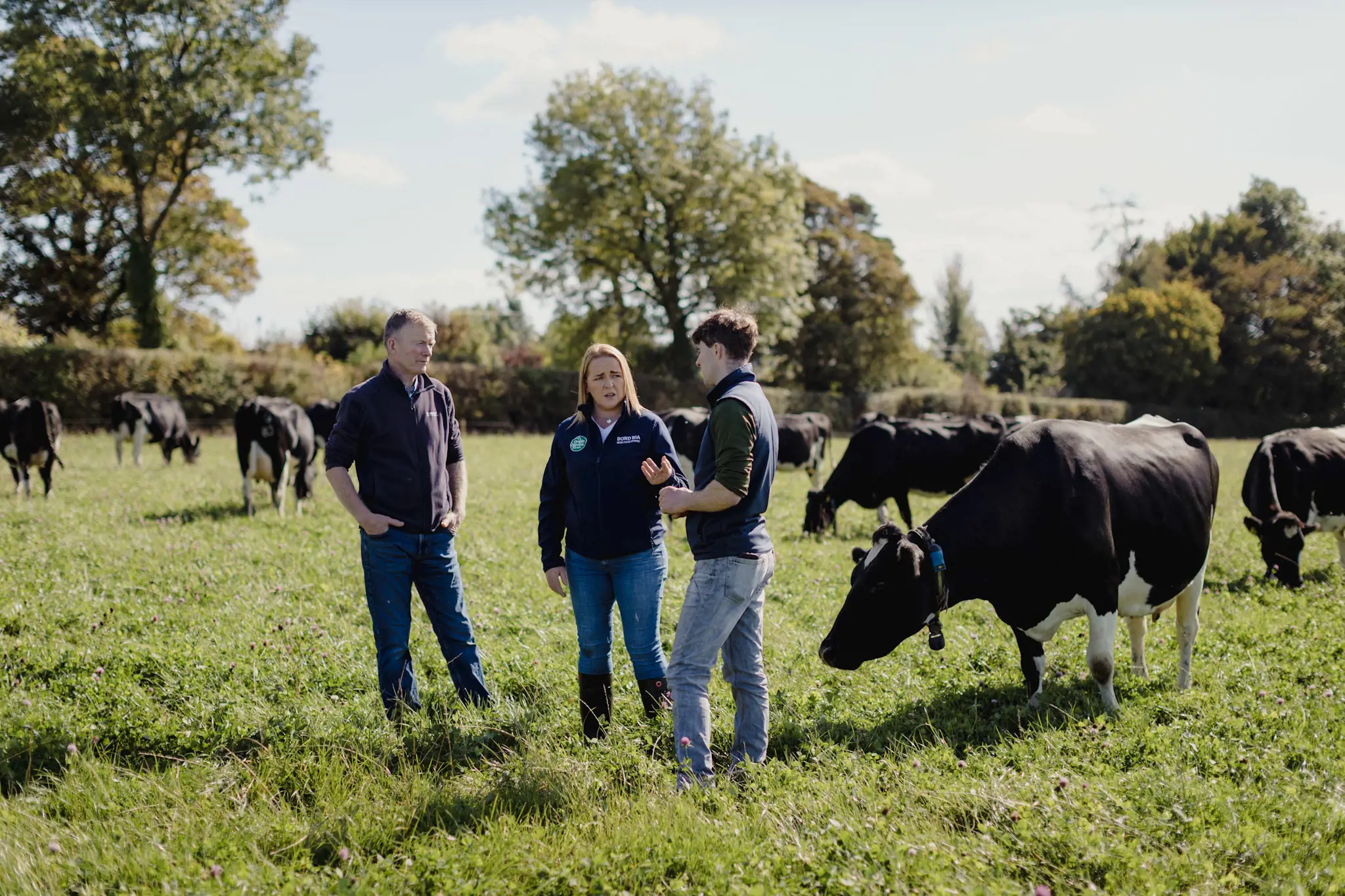 Bord Bia auditor and farmers standing in field 