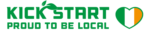 The kickstart proud to be local logo text alongside a heart shape in the colours of the Irish flag