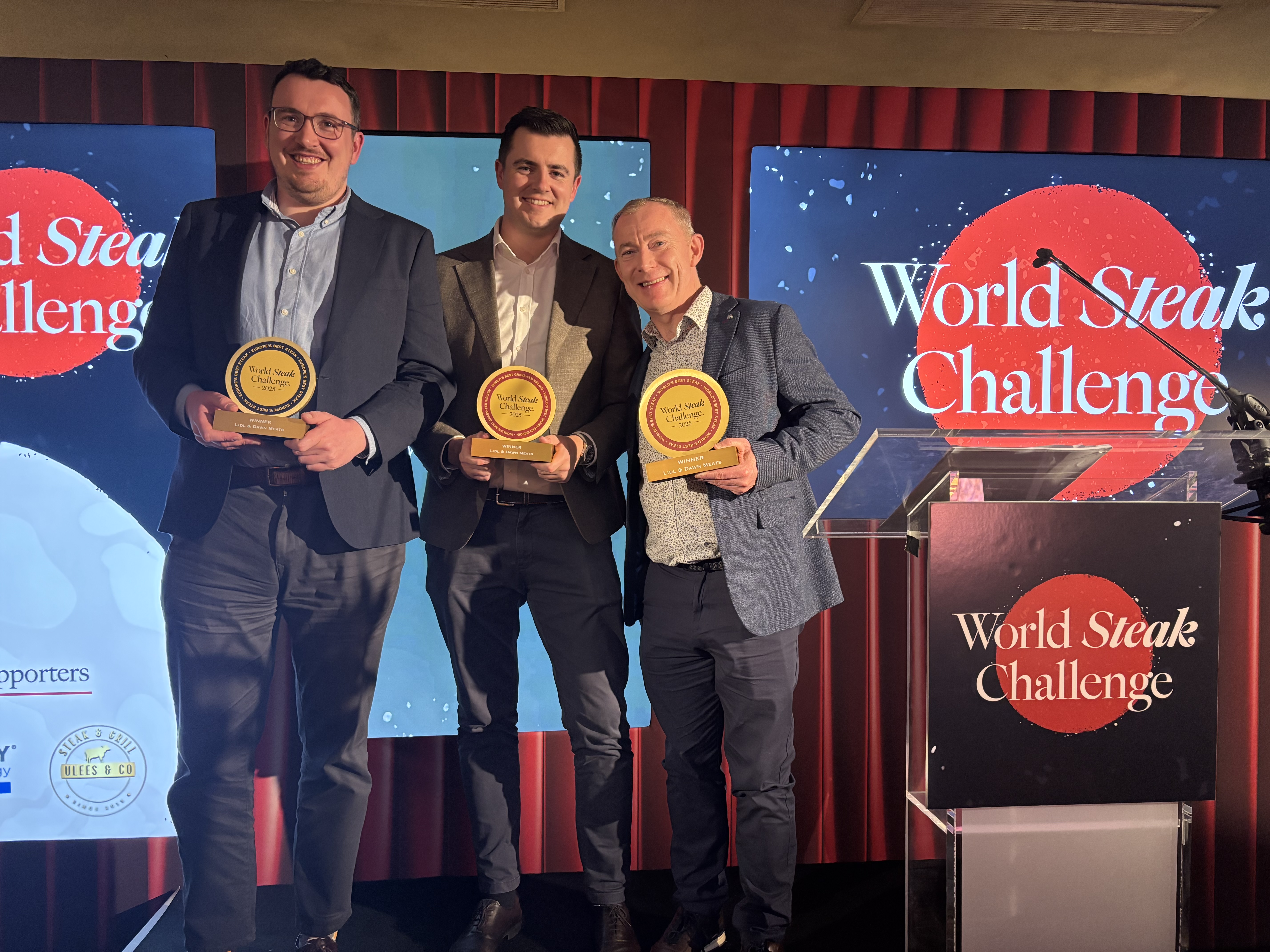 Neil Curran Lidl Ireland, Robert Hatton Lidl Ireland, Neil Lanigan Dawn Meats at the World Steak Awards 2025 in London, UK.
