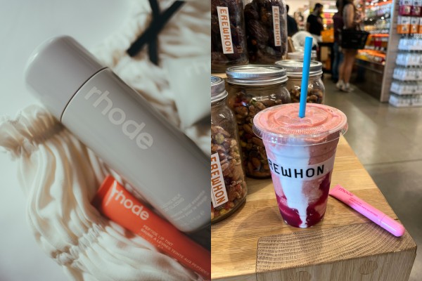 A collage image depicting Rhode makeup on left, and on the right a red and white iced drink on a counter in a grocery store, beside a Rhode lipgloss also on the counter.