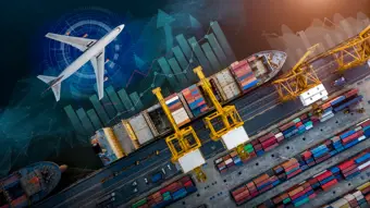 Graphic showing airplane and aerial view of cargo ships 
