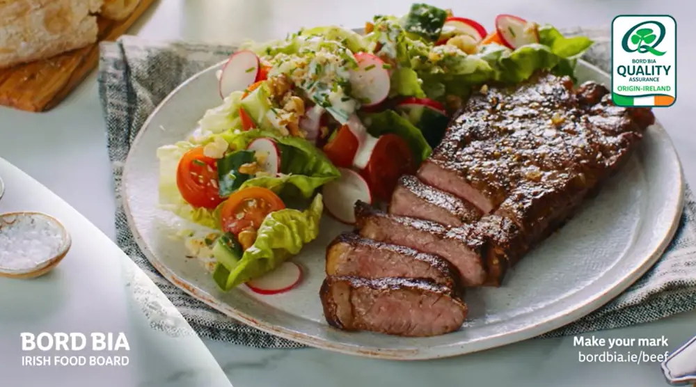 Steak Salad served on plate - thumbnail featuring the Bord Bia logo and the Bord Bia Quality mark logo