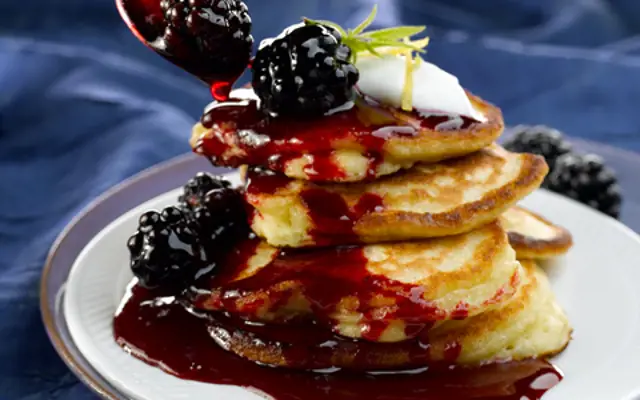 Apple and Yogurt Pancakes with Blackberry and Honey Sauce