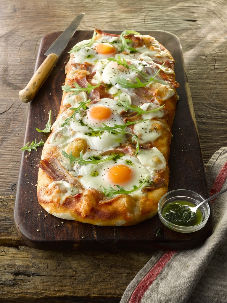 Bacon and Egg Pizza with Basil Oil