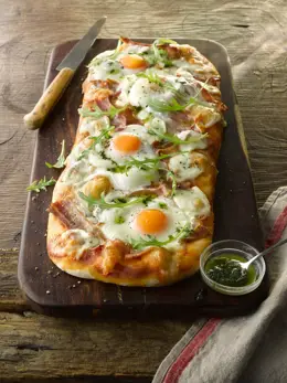 Bacon and Egg Pizza with Basil Oil