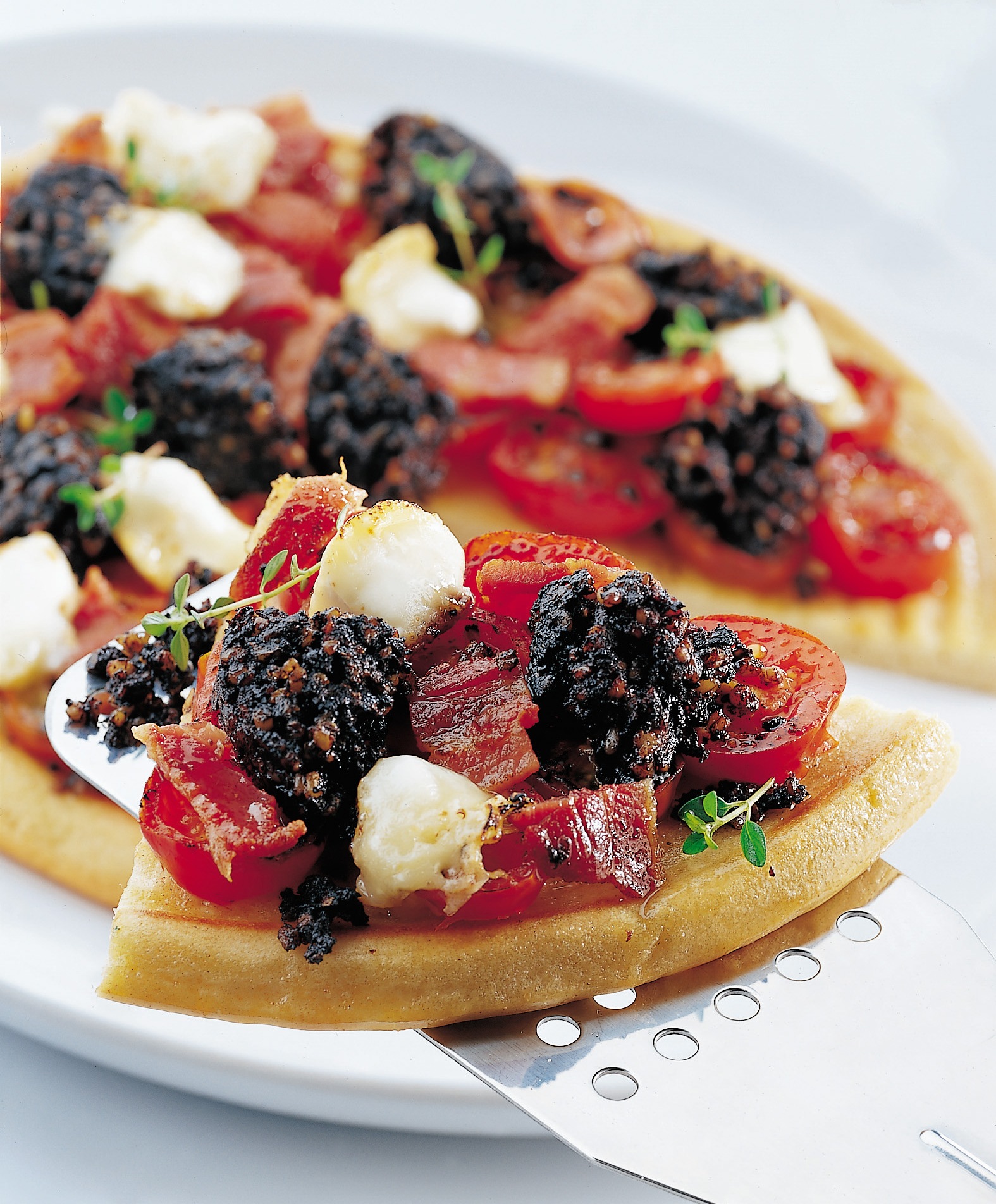 Bacon, Black Pudding and Goats Cheese Pizza