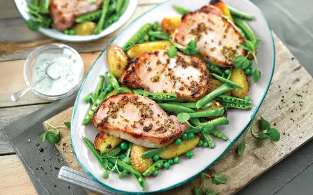 Bacon Chops with Warm Potato Salad and Peas