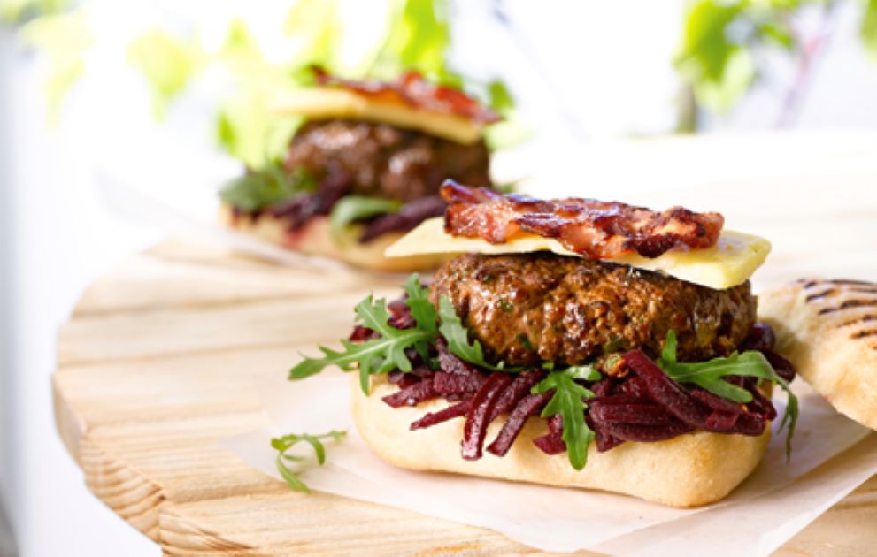 Beef Burgers with Bacon, Farmhouse Cheese and Beetroot Relish