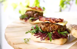 Beef Burgers with Bacon, Farmhouse Cheese and Beetroot Relish