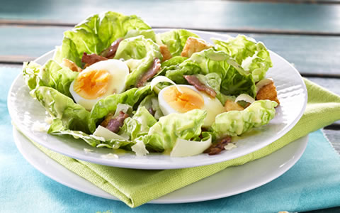 Caesar Salad with Soft Boiled Eggs and Bacon