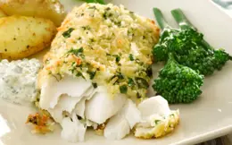 Crispy Baked Hake with Yogurt Tartar Sauce