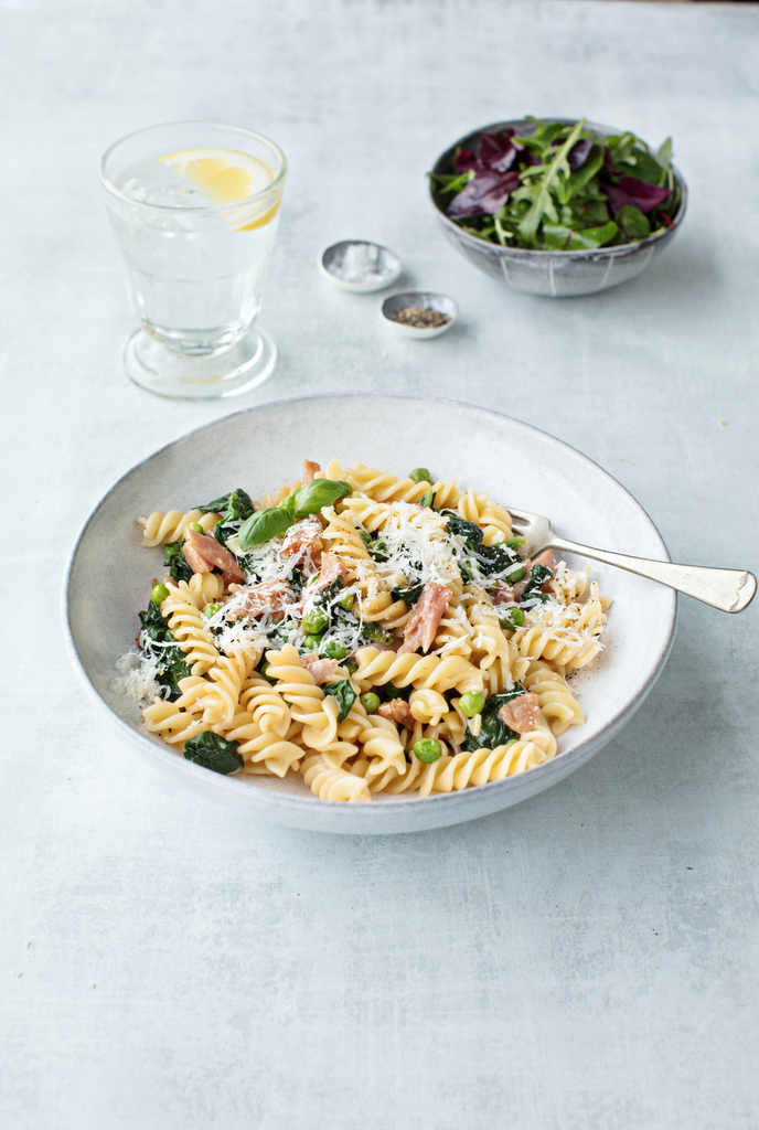 Fusilli with Ham, Spinach and Peas