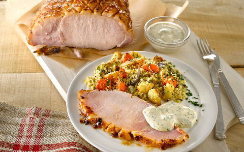 Glazed Loin of Bacon with Roasted Vegetable Couscous and Yogurt Dressing