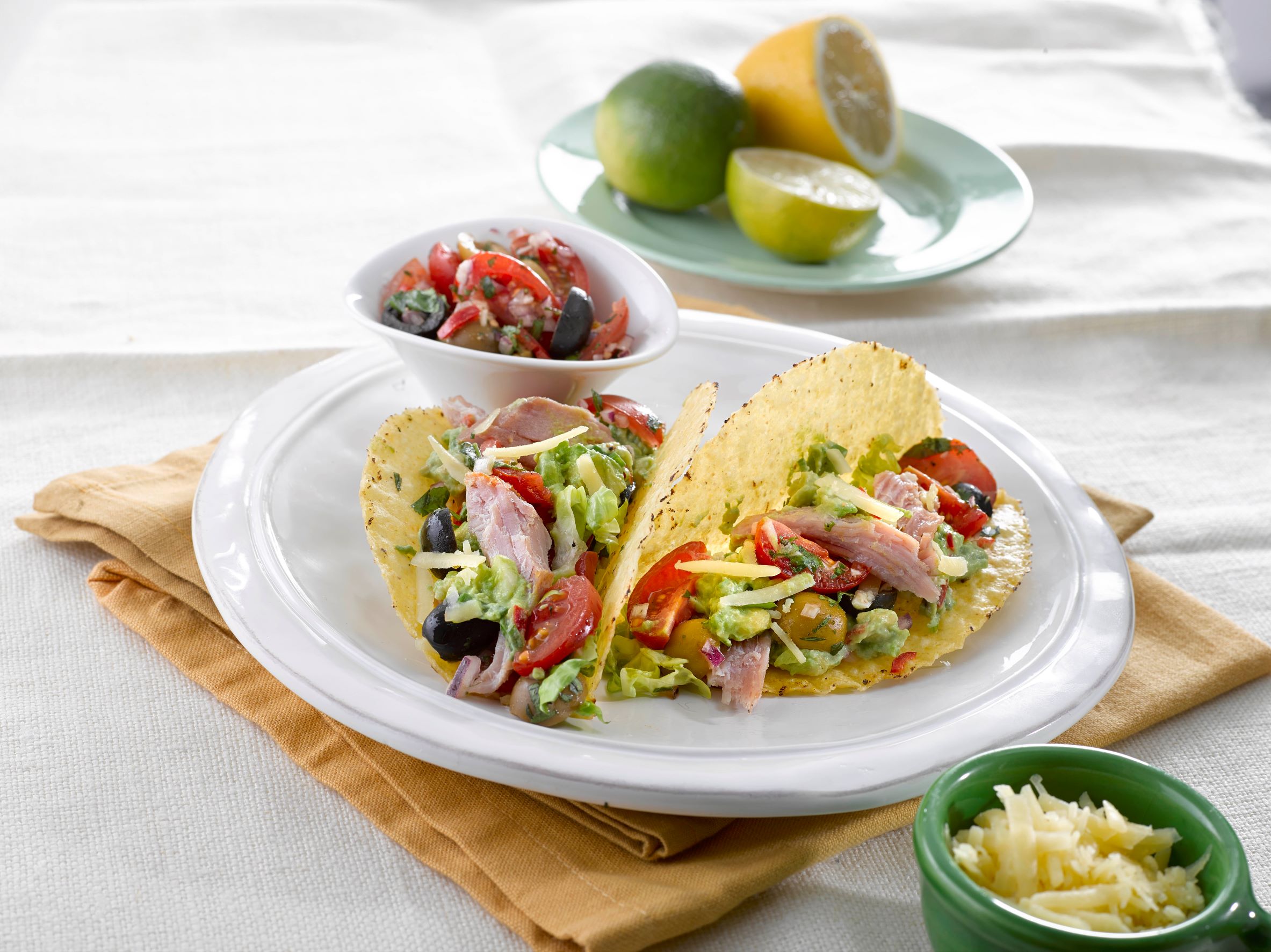 Ham Tacos with Tomato Salsa, Chunky Guacamole and Salad