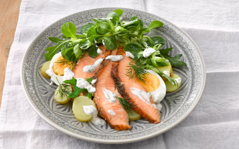 Hot-smoked Salmon, Egg and Potato Salad with Sour Cream Dressing
