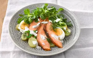 Hot-smoked Salmon, Egg and Potato Salad with Sour Cream Dressing