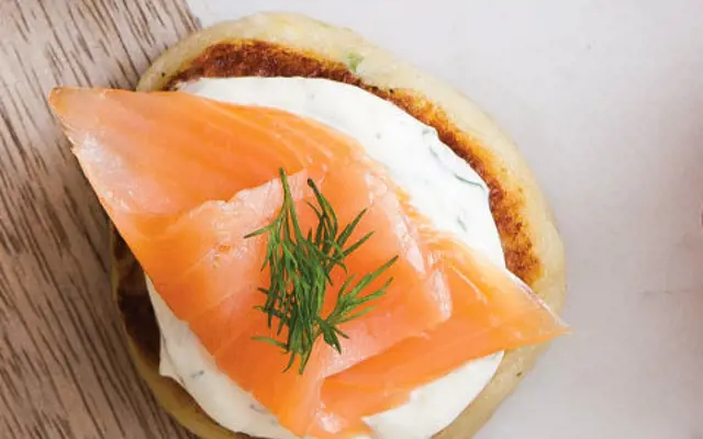 Organic Smoked Salmon on Potato Cakes with Natural Yoghurt