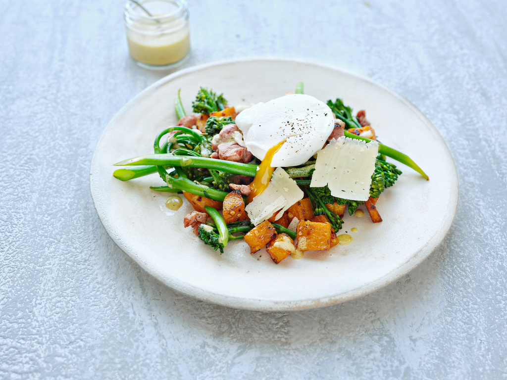 Poached Egg Salad with Bacon, Tender Stem Broccoli and Butternut Squash