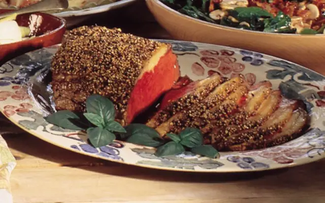 Roast Striploin with a Peppercorn Crust, Mustard & Herb Dressing
