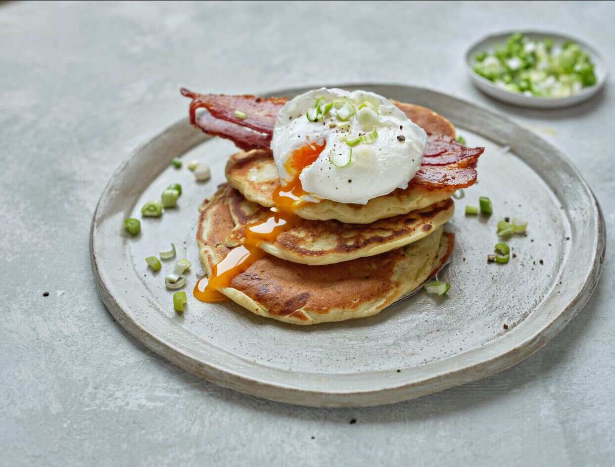Savoury Pancakes with Smoked Bacon and Poached Eggs