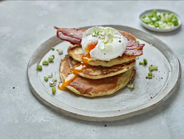 Savoury Pancakes with Bacon and Poached Eggs