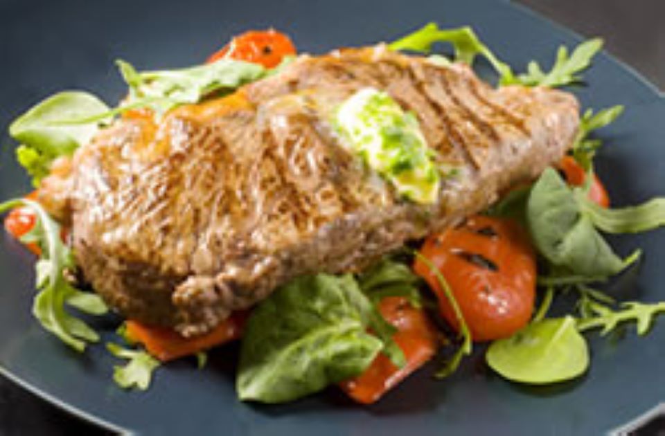 Steak with Herby Butter, Grilled Red Peppers and Salad