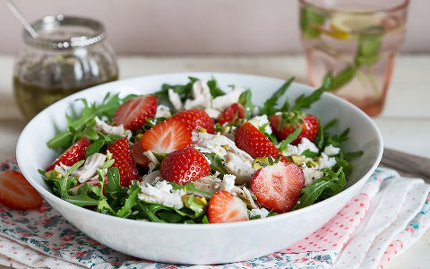 Strawberry, pistachio, Feta and chicken salad with orange poppy seed dressing