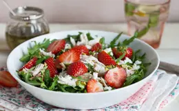 Strawberry, pistachio, Feta and chicken salad with orange poppy seed dressing