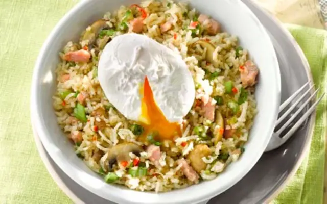 Bacon and Mushroom Fried Rice with Poached Eggs
