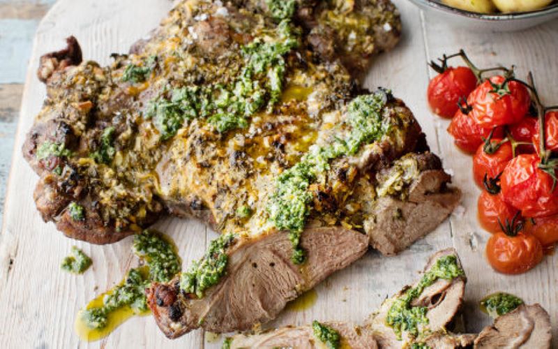 Butterfly Leg of Lamb with a Herb Crust and Salsa Verde
