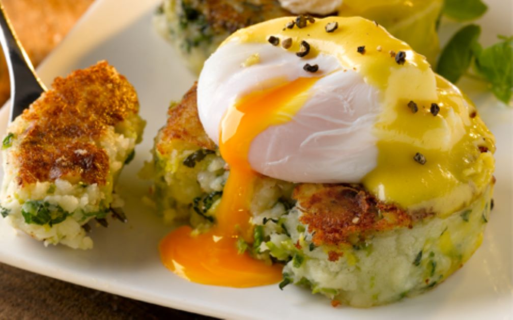Colcannon Cakes with Poached Eggs and Hollandaise Sauce