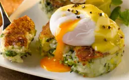 Colcannon Cakes with Poached Eggs and Hollandaise Sauce