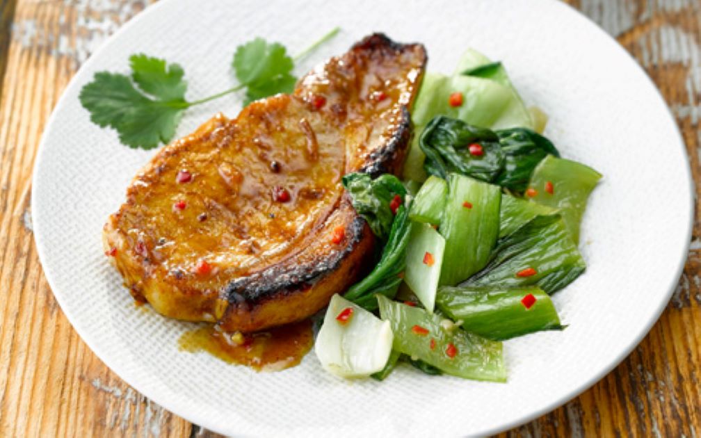 Grilled Pork Chops with Stir-Fried Pak Choi