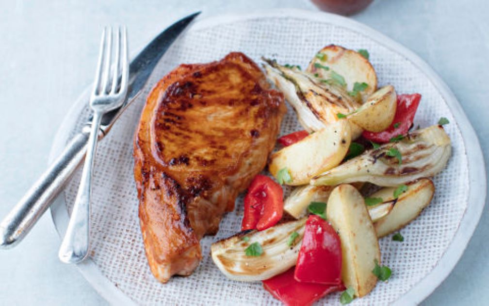 Oven Baked Pork Chops with Potatoes, Fennel and Red Peppers