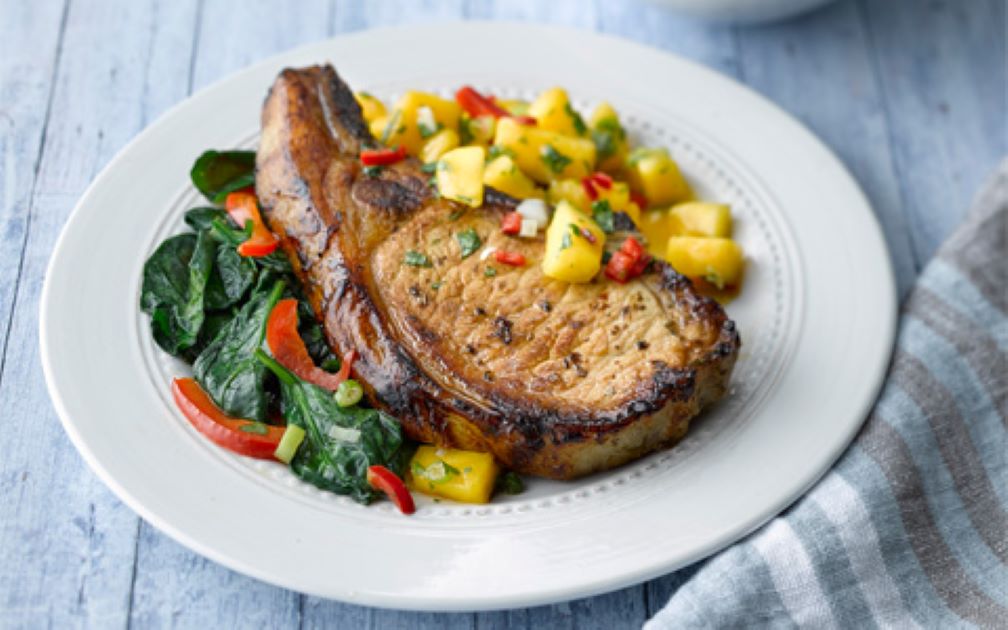 Pork Chops with Mango Salsa and Spinach
