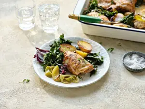 Roast Chicken Thighs with Potatoes & Kale