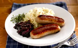 Sausages with Caramelised Onions and Wholegrain Mustard Mash