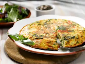 Spanish Omelette with Roast Pepper, Goats Cheese, Basil and Spinach
