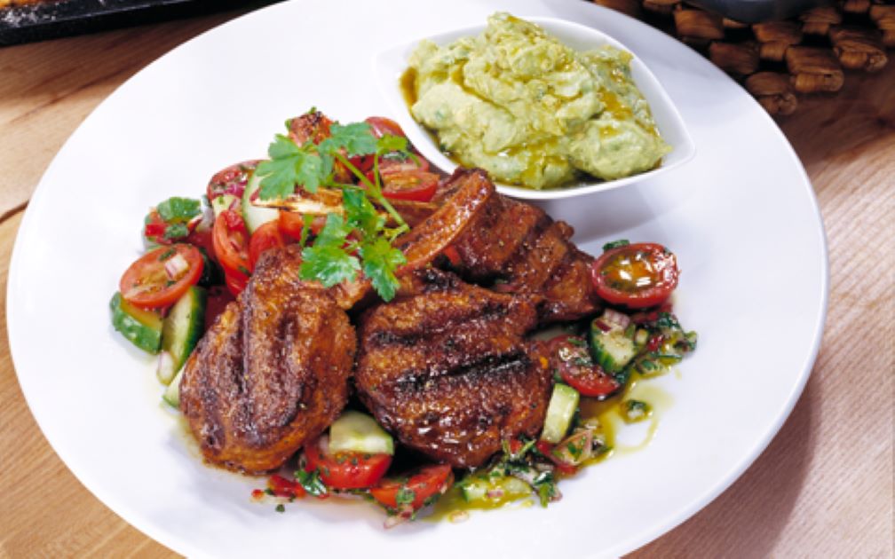 Spicy Lamb Cutlets with Guacamole and Cherry Tomato Salsa