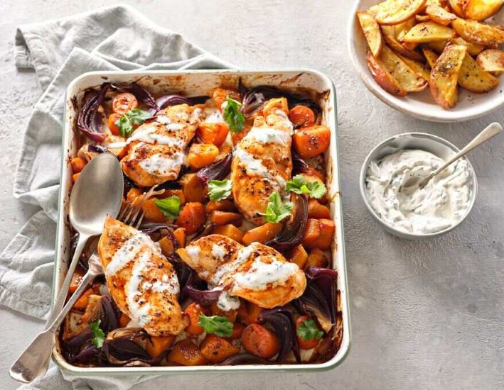 Sriracha Chicken Traybake with Yogurt Dressing