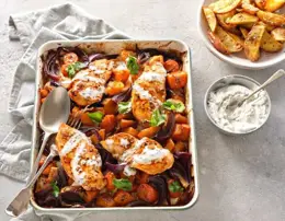 Sriracha Chicken Traybake with Yogurt Dressing