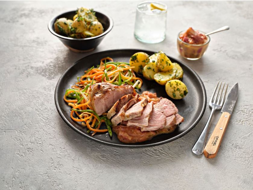 Barbecue Pork Collar Chops with Rhubarb