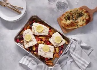 Baked Hake with Butternut Squash, Potatoes and Tomatoes