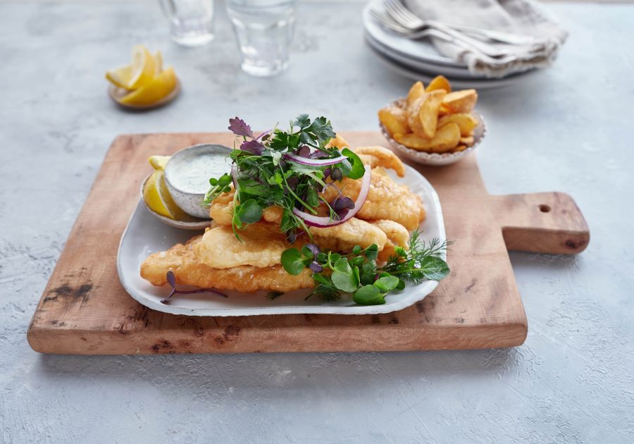 Fish Goujons in Beer Batter with Basil Sour Cream Sauce