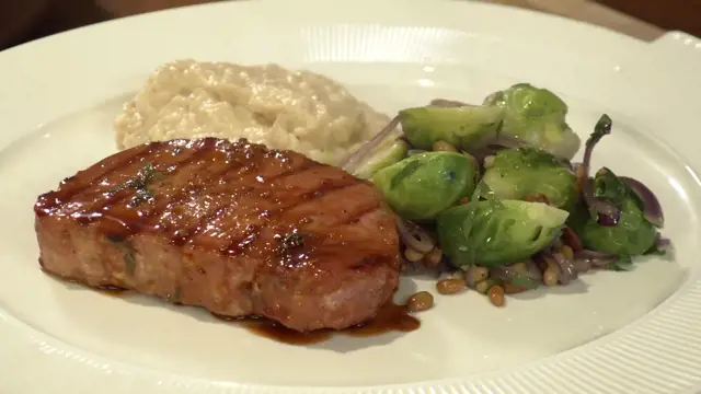 Neven’s Glazed Bacon Medallions with Stir-fried Brussel Sprouts and Butterbean Mash