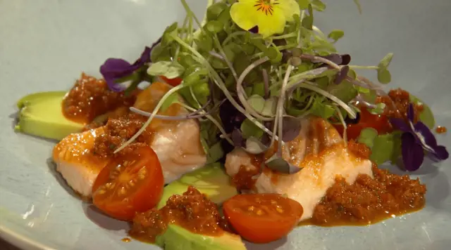 Neven's Grilled Salmon with Avocado and Sun-Dried Tomato Pesto
