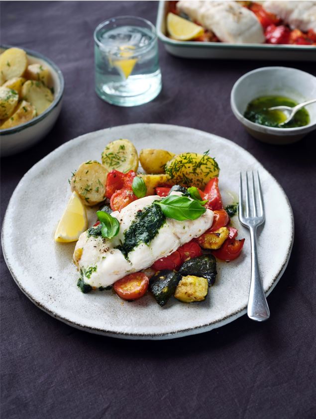 Oven Baked Hake with Roasted Vegetables and Basil Oil