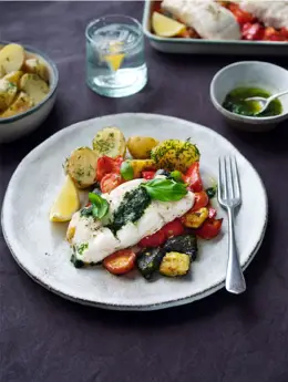 Oven Baked Hake with Roasted Vegetables and Basil Oil