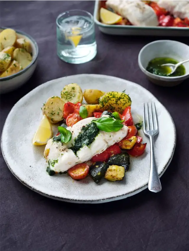 Oven Baked Hake with Roasted Vegetables and Basil Oil